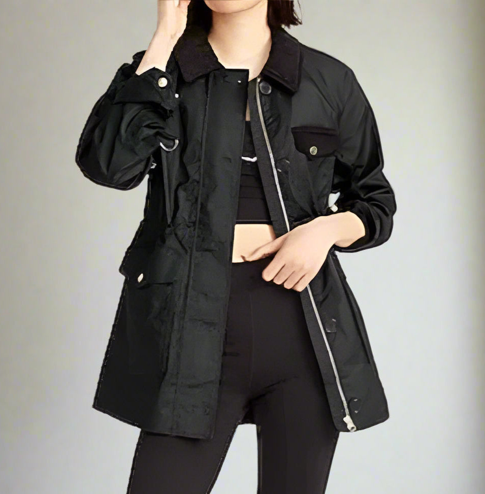 J Crew Field Jacket Womens Small Black Utility Waxed Cotton Corduroy Trim Ladies