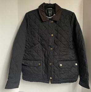 J Crew Jacket Womens Large Black Quilted Corduroy Trim ZipSnap Field Barn Ladies