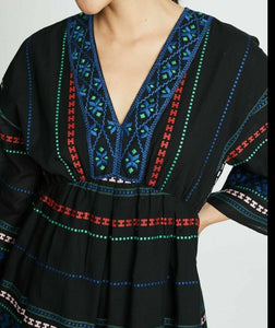 Joie Dress Womens Small Black V-Neck Embroidered Cotton Peasant Shada Tunic