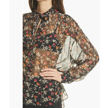 Load image into Gallery viewer, Joie Maiza Silk Tie Neck Blouse Womens Large Black Sheer Floral Long Sleeve Top