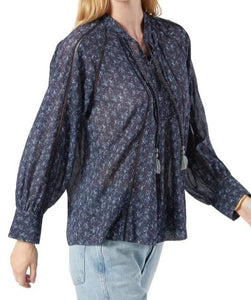 Joie Shirt Womens Small Blue V-Neck Long Sleeve Cotton Tassel Ties Cotton Top Dracha