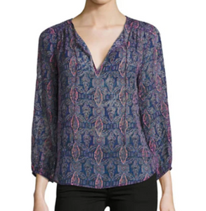 Joie Silk-Blend Shirt Womens Large Blue Long Sleeve V-Neck Tassels Odelette Top