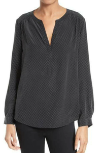 Joie Silk Shirt Womens Extra Extra Small Black V-Neck Long-Sleeve Polka Dot Carita Top