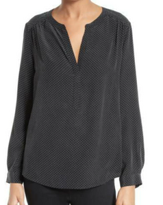 Joie Silk Shirt Womens Extra Extra Small Black V-Neck Long-Sleeve Polka Dot Carita Top