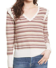 Load image into Gallery viewer, Joie Sweater Womens Large V-Neck Stripe Wool Cashmere  Ruffle Beige Multi