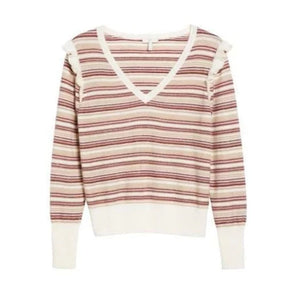 Joie Sweater Womens Large V-Neck Stripe Wool Cashmere  Ruffle Beige Multi