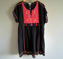 Load image into Gallery viewer, Joie_Boho_Cotton_Embroidered_Mini_Dress_Large_Black_Short_Sleeve_Tassels_