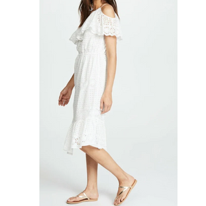 Joie One Shoulder Cotton Eyelet Dress Small White Midi Sleeveless Ruffled Corynn