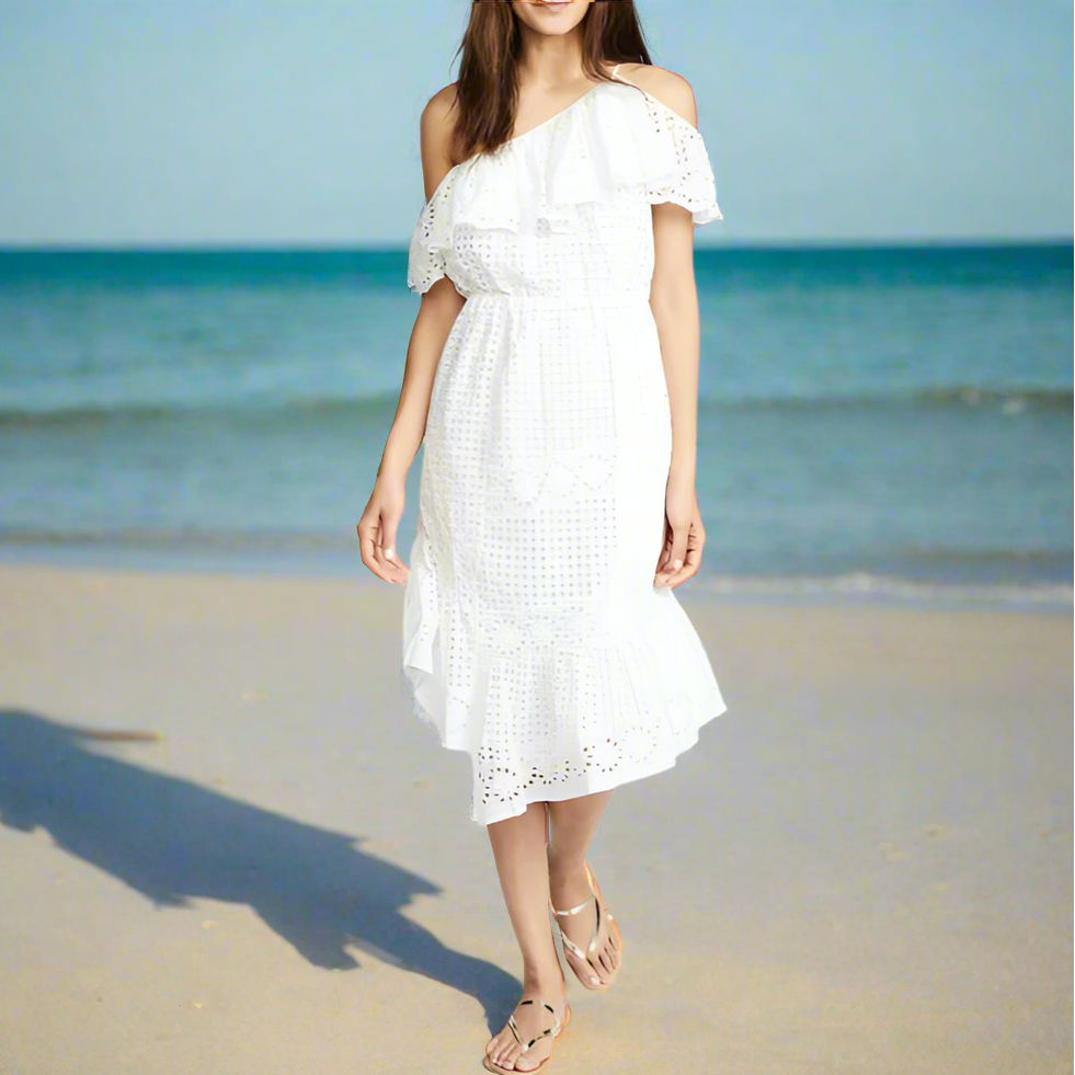 Joie One Shoulder Cotton Eyelet Dress Small White Midi Sleeveless Ruff Luxe Fashion Finds Joie One Shoulder Cotton Eyelet Dress Small White Midi Sleeveless Ruff Luxe Fashion Finds