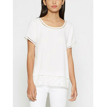 Load image into Gallery viewer, Woman wearing a white blouse with lace details on a plain background