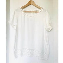 Load image into Gallery viewer, White blouse with lace details on a wooden hanger against a white background