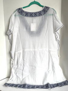 Joie Tunic Beach Dress Coverup M/L White V-Neck Blue Embroidered Cotton