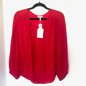 Joie Odelette Silk Top Womens Medium Red V Neck Tassel Ties Long Sleeve  Blouse