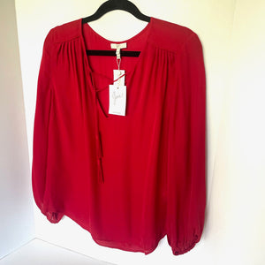 Joie Odelette Silk Top Womens Medium Red V Neck Tassel Ties Long Sleeve  Blouse