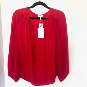 Joie Odelette Silk Top Womens Medium Red V Neck Tassel Ties Long Sleeve  Blouse