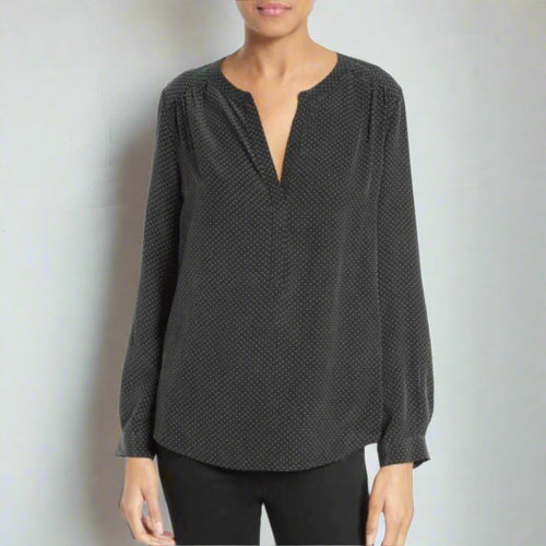 Joie Polka Dot Silk Blouse Womens XXS Black V-Neck Long-Sleeve Carita Top