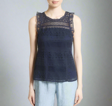 Load image into Gallery viewer, Joie Women&#39;s Lupe Lace Ruffle Sleeveless Blue Cotton Dark Blue Top – Large