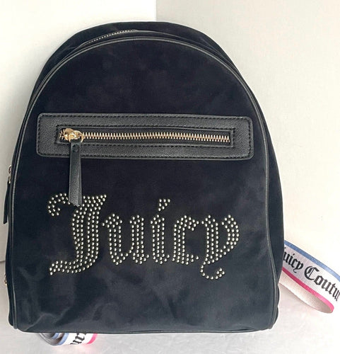 Juicy Couture Big Spender Backpack Medium Black Velour Silver Beading Heart Charm