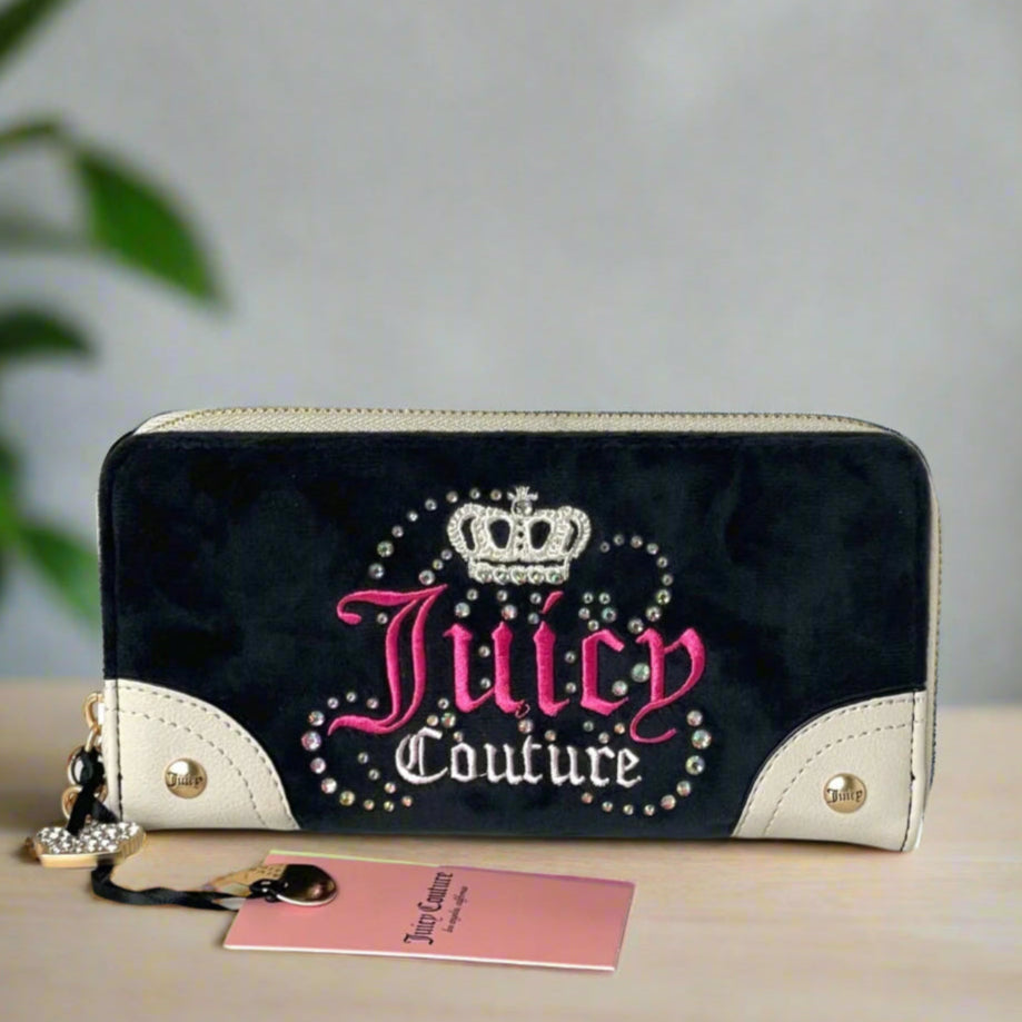 Juicy Couture Dreamy Long Wallet Licorice Crown Velour Crystals Large Black Slim