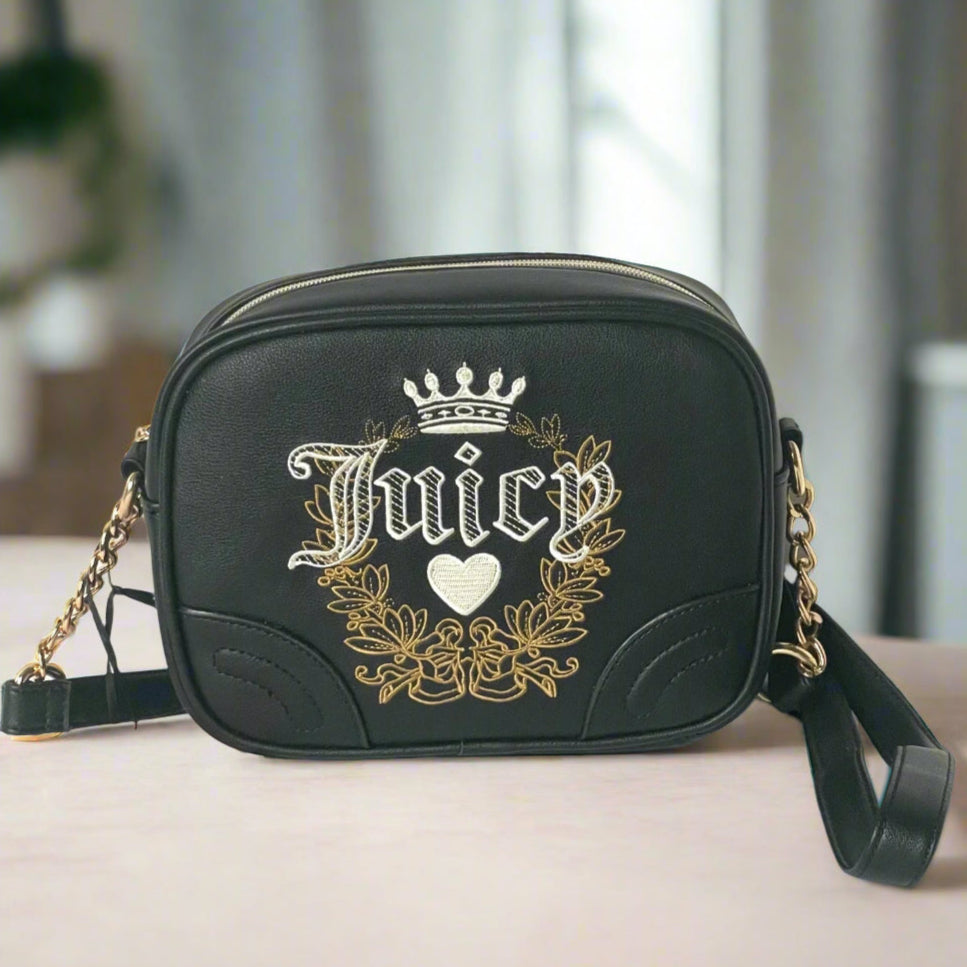 Juicy Couture Heritage Crossbody Small Black Camera Bag Top Zip Faux Leather