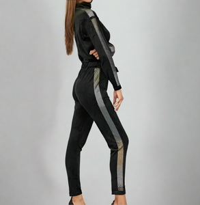 Juicy Couture Jumpsuit Velour Womens Black Mock Neck Velour Ombre Bling Stripe