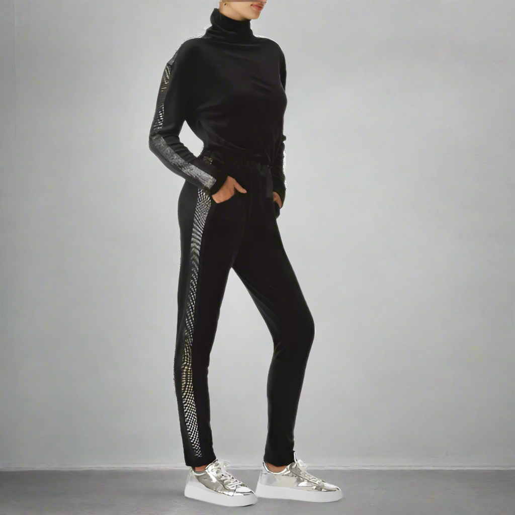 Juicy Couture Jumpsuit Velour Womens Black Mock Neck Velour Ombre Bling Stripe