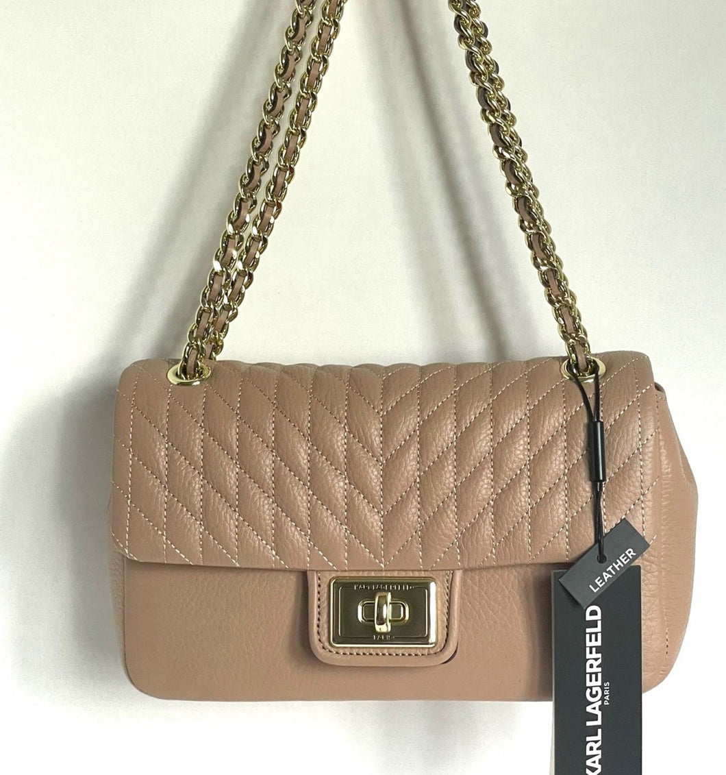 Karl Lagerfeld Agyness Shoulder Bag Womens Beige Quilted Flap Turnlock