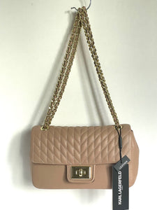 Karl Lagerfeld Agyness Shoulder Bag Womens Beige Quilted Flap Turnlock