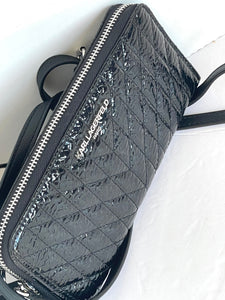 Karl Lagerfeld Crossbody Wallet Black Quilted Patent Zip Around Shoulder Bag