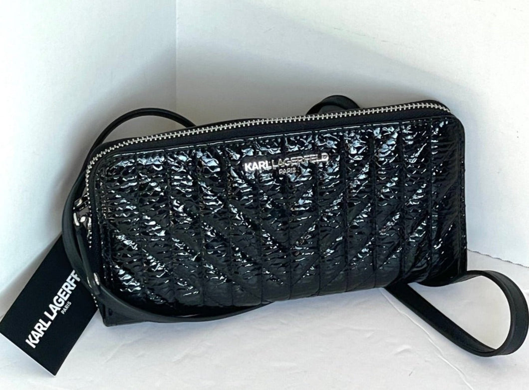 Karl Lagerfeld Crossbody Wallet Black Quilted Patent Zip Around Shoulder Bag