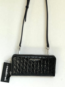 Karl Lagerfeld Crossbody Wallet Black Quilted Patent Zip Around Shoulder Bag