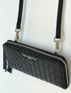Karl Lagerfeld Crossbody Wallet Black Quilted Patent Zip Around Shoulder Bag