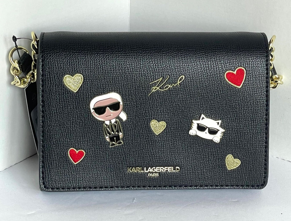 Karl Lagerfeld Connie Crossbody Clutch Womens Black Ikons Cat Hearts ...