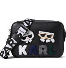 Load image into Gallery viewer, Karl Lagerfeld Maybelle Camera Bag Felt Ikons Black Crossbody Guitar Strap Coin