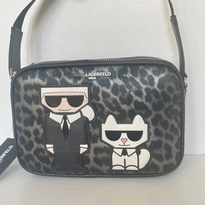 Leopard print bag with Karl Lagerfeld character design on a white background