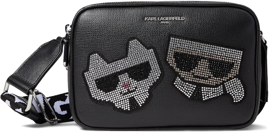 Karl Lagerfeld Maybelle Crossbody Black Crystal Beaded Choupette Camera Bag