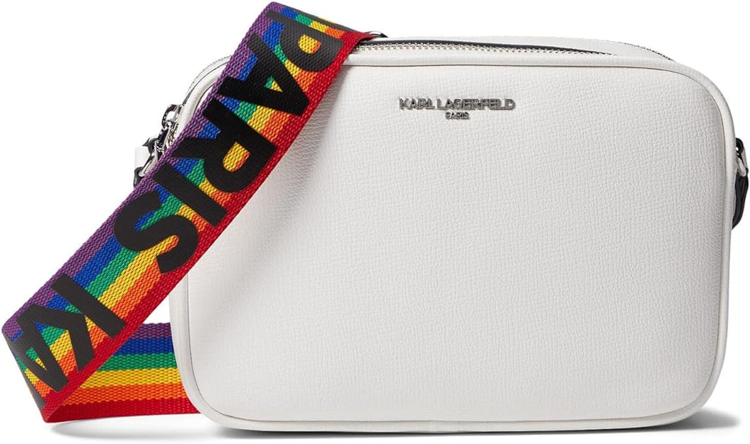 Karl Lagerfeld Maybelle Crossbody White Rainbow Pride Strap Camera Bag Double Zip