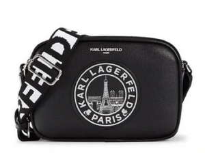 Karl Lagerfeld Maybelle Crossbody Women Black Camera Bag Eiffel Tower Patch Vegan