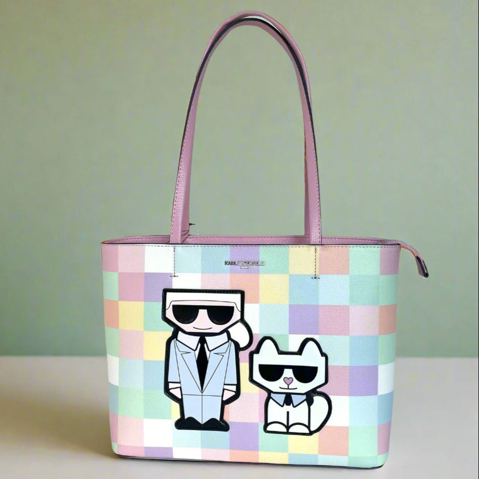 KarlLagerfeldMaybelleMediumTotePinkBlushCheckerShoulderBagCatZipTop