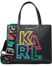 Load image into Gallery viewer, Karl Lagerfeld Maybelle Satchel Crossbody Black LOGO Top Handle Guitar Strap