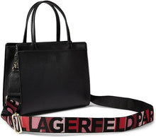 Load image into Gallery viewer, Karl Lagerfeld Maybelle Satchel Crossbody Black Small Tote Rainbow Guitar Strap