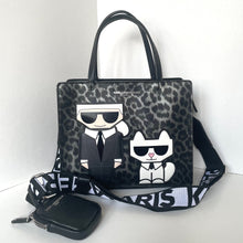Load image into Gallery viewer, Designer handbag with leopard print and Karl Lagerfeld character on a white background
