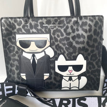 Load image into Gallery viewer, Karl Lagerfeld handbag with leopard print and cartoon character design on a white background
