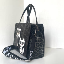 Load image into Gallery viewer, Designer handbag with leopard print and Karl Lagerfeld character on a white background