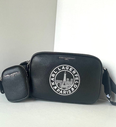 Black Karl Lagerfeld bag with matching pouch on a white background