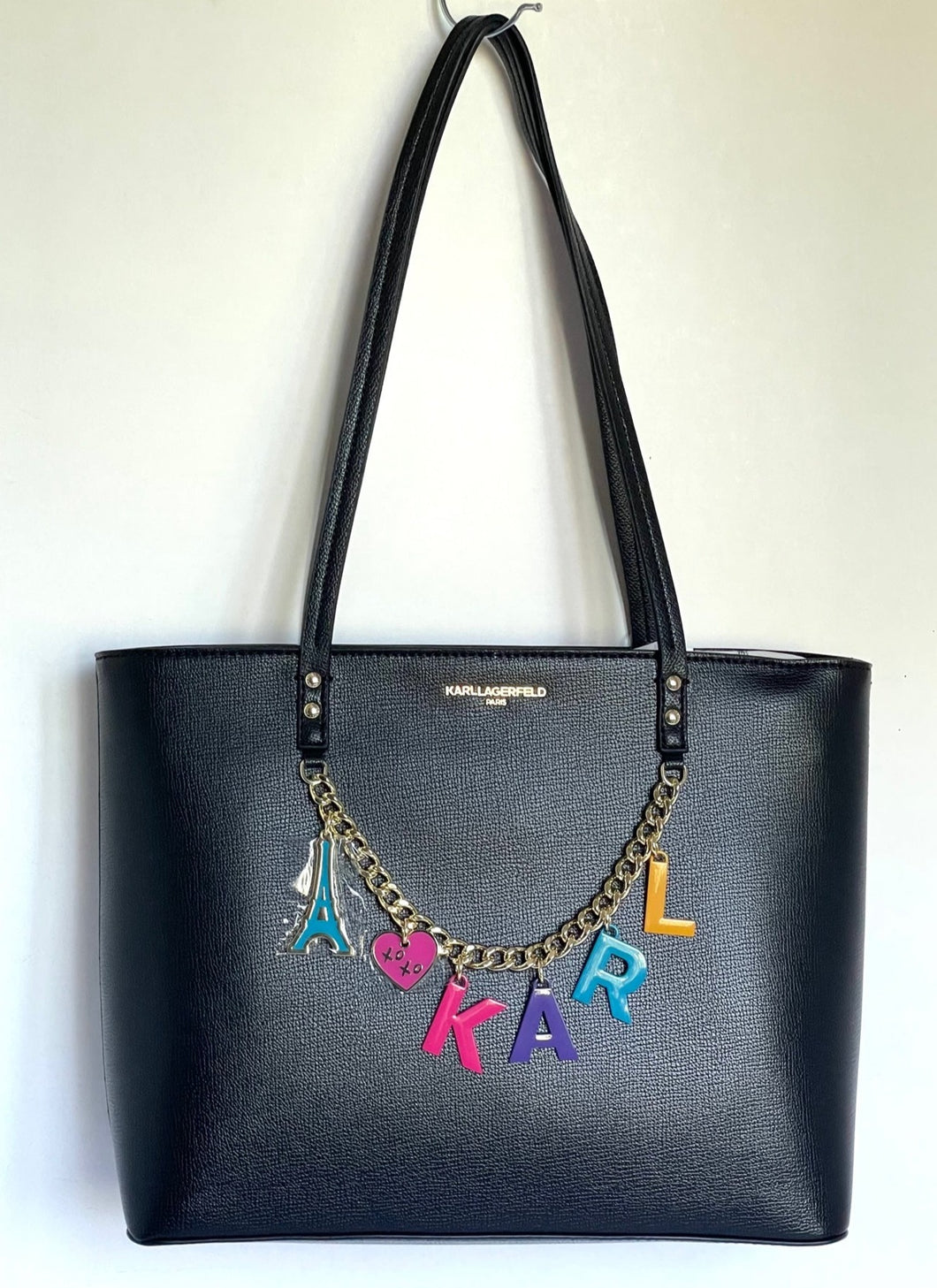Karl Lagerfeld Tote Maybelle Womens Black Medium Shoulder Bag Charms Vegan Leather