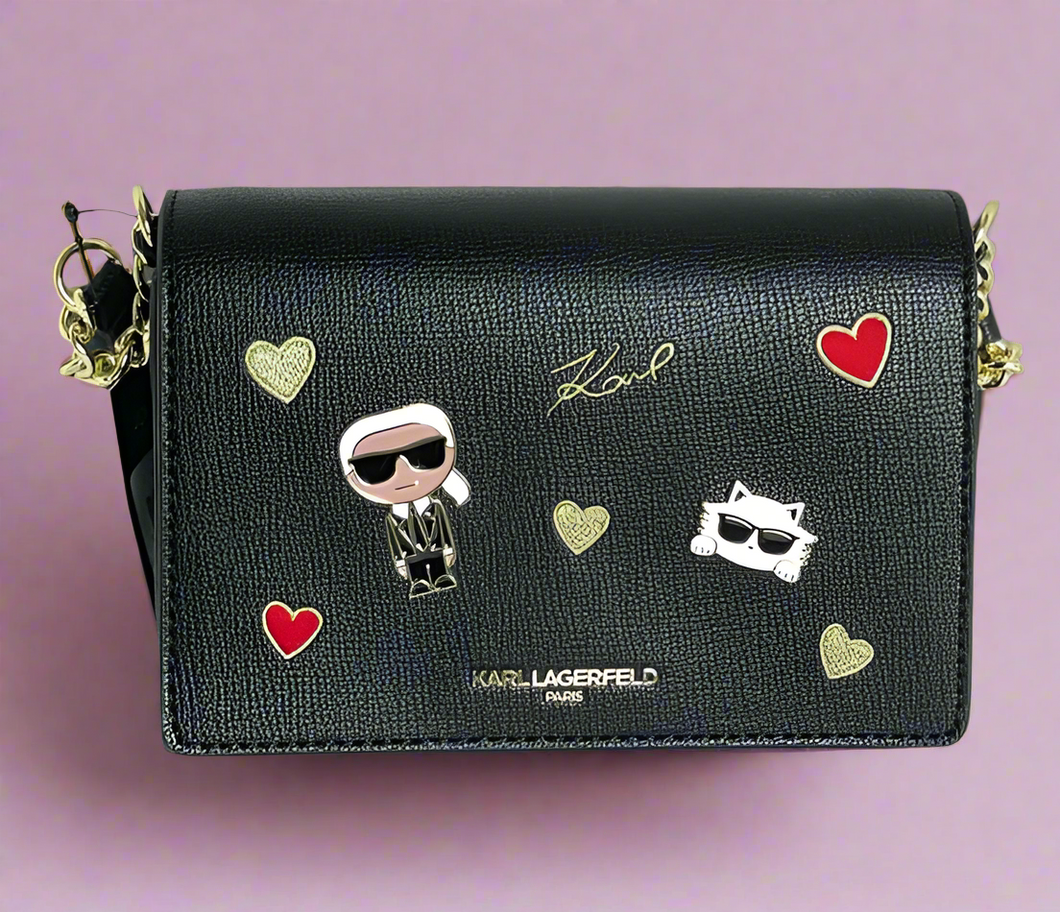 Karl Lagerfeld Connie Clutch Crossbody Black Ikons Cat Choupette Hearts Slim