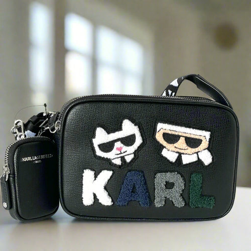 Karl Lagerfeld Maybelle Camera Bag Felt Ikons Black Crossbody Guitar Strap Coin