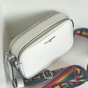 Karl Lagerfeld Maybelle Crossbody White Rainbow Pride Strap Camera Bag Double Zip