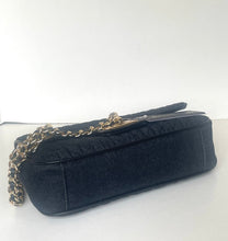 Load image into Gallery viewer, A black textured shoulder bag with a gold-tone chain strap, photographed on a plain white background.